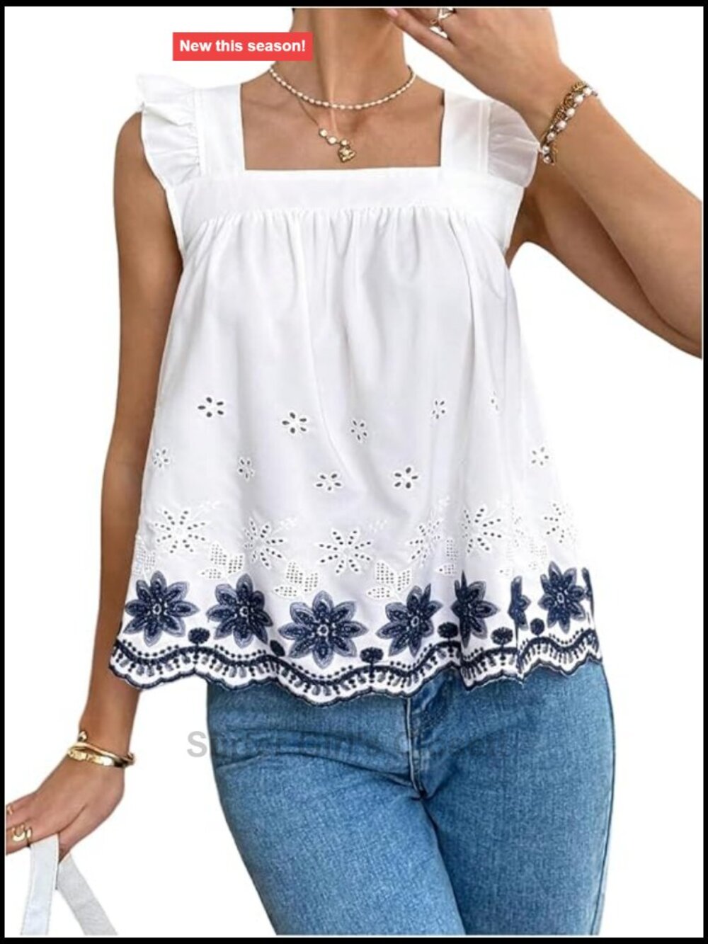 Floral Embroidery Peplum Tank Top with Frill Sleeves - Cute Summer Blouse